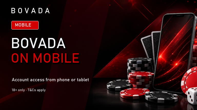 Bovada mobile casino access on a red premium phone scene