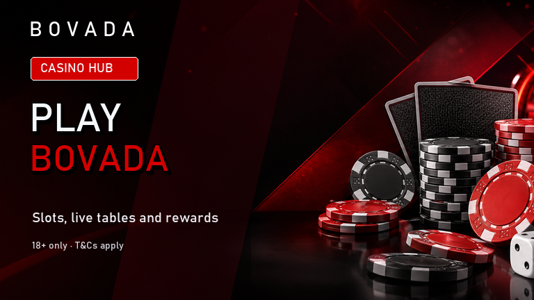 Bovada red casino lobby with slots and chips